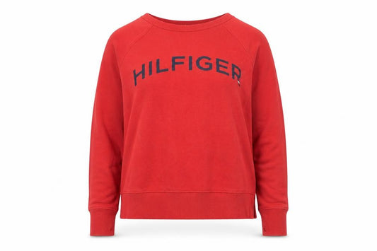 Front view of Tommy Hilfiger Men’s Red Logo Crew Neck Pullover Sweatshirt, size S
