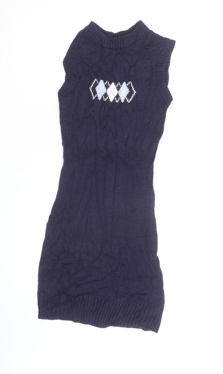 H&M Women Blue Argyle Knit Sleeveless Bodycon Mini Dress S