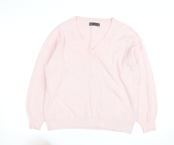 Marks and Spencer Men's Pink V-Neck Cotton Blend Jumper M