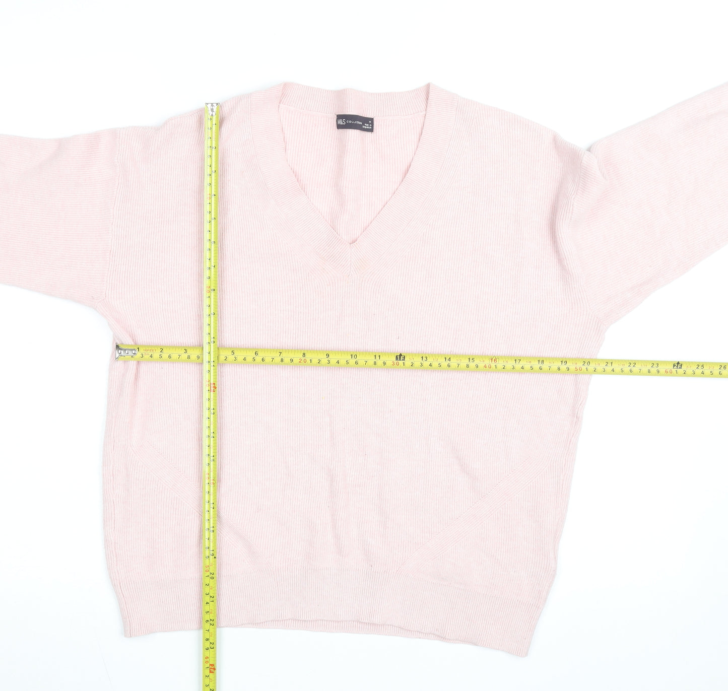 Marks and Spencer Men's Pink V-Neck Cotton Blend Jumper M
