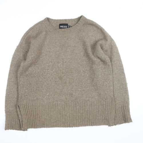 Pieces Beige Chunky-Knit Crew Neck XS Pullover Jumper