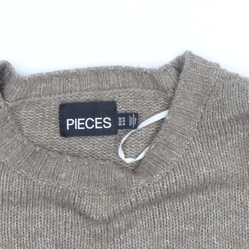 Pieces Beige Chunky-Knit Crew Neck XS Pullover Jumper