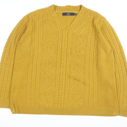 Isle Essentials Women's Yellow Cable-Knit V-Neck Acrylic Jumper Size 18-20