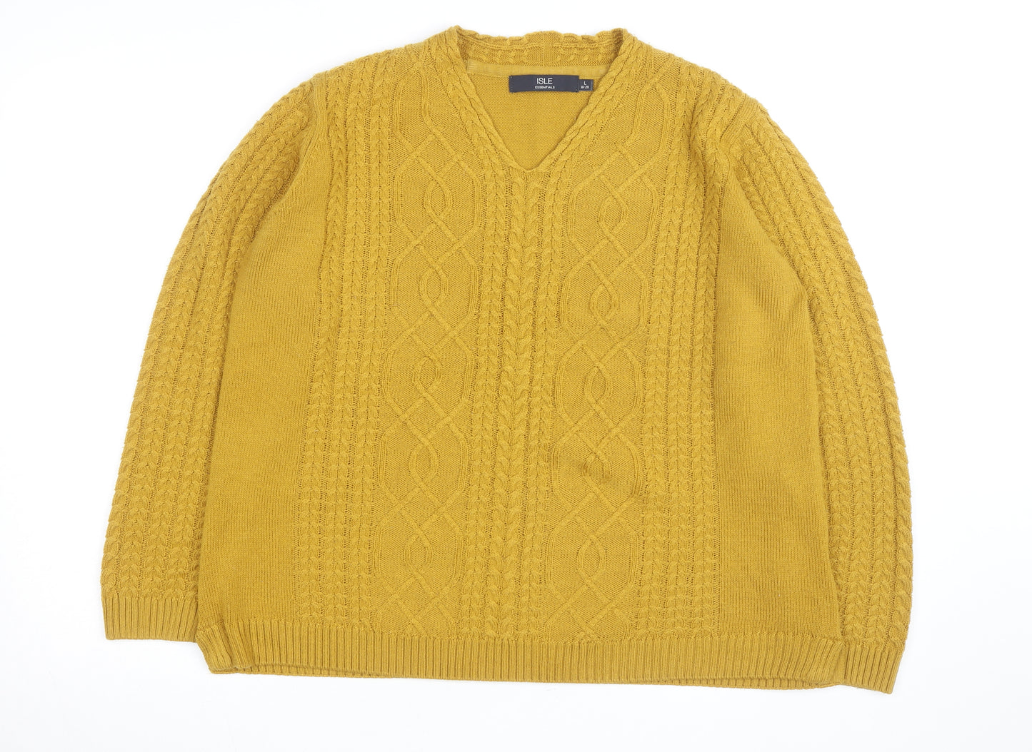 Isle Essentials Women's Yellow Cable-Knit V-Neck Acrylic Jumper Size 18-20