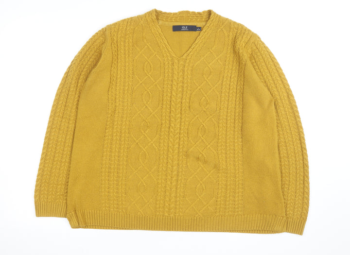 Isle Essentials Women's Yellow Cable-Knit V-Neck Acrylic Jumper Size 18-20
