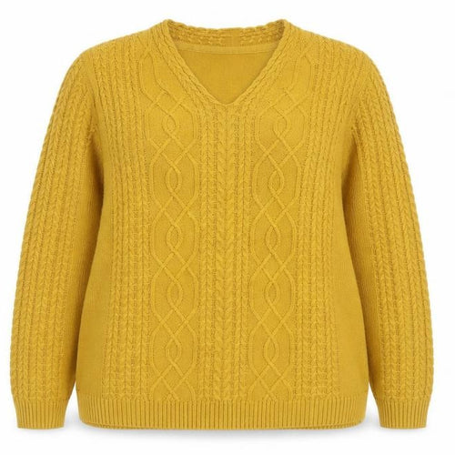 Isle Essentials Women's Yellow Cable-Knit V-Neck Acrylic Jumper Size 18-20