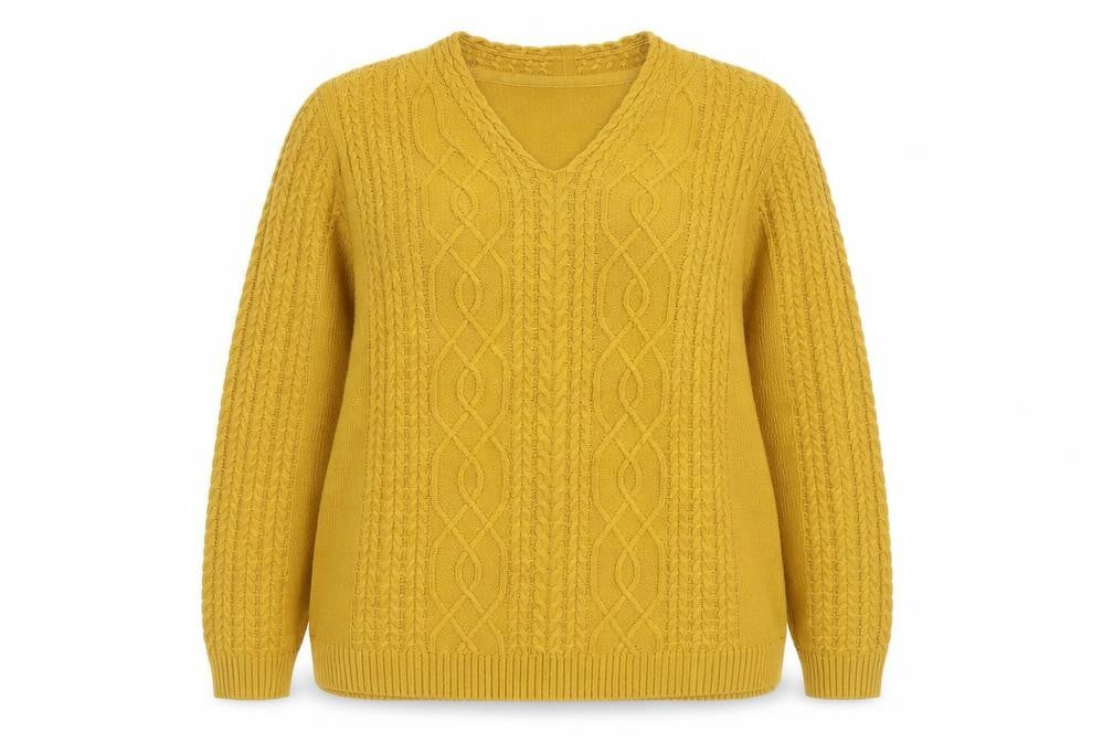 Isle Essentials Women's Yellow Cable-Knit V-Neck Acrylic Jumper Size 18-20