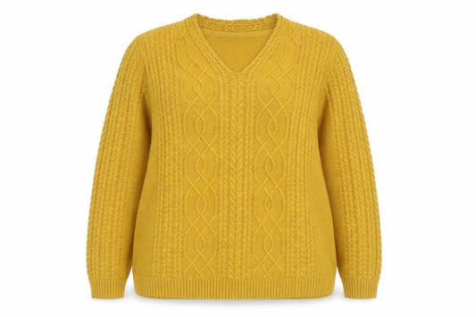 Front view of Isle Essentials Women's Yellow Cable-Knit V-Neck Acrylic Jumper, size 18-20