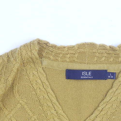 Isle Essentials Women's Yellow Cable-Knit V-Neck Acrylic Jumper Size 18-20