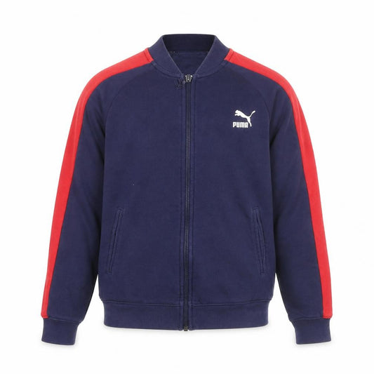 Front view of Puma Men's Blue Red Full Zip Sweatshirt, size S, Logo Sports Jacket