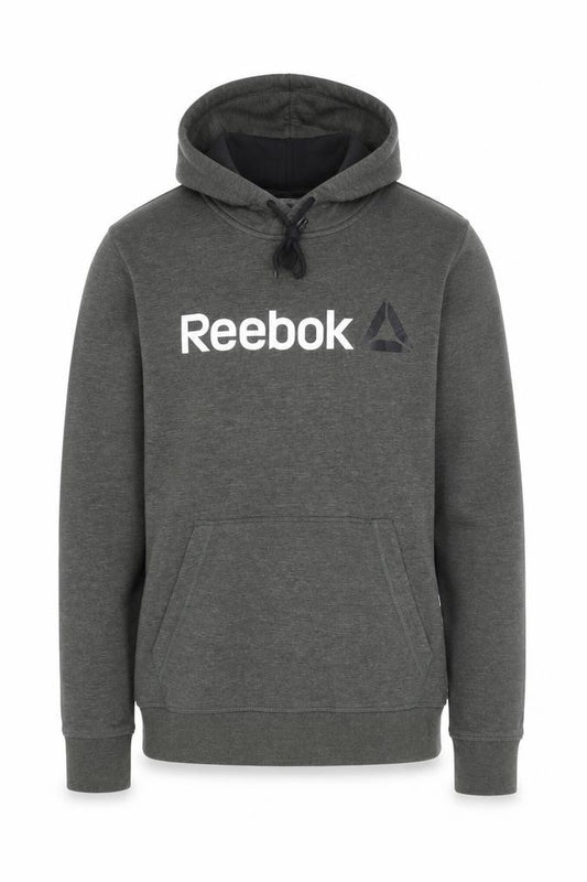 Front view of Reebok men’s green pullover hoodie medium logo fleece sweatshirt