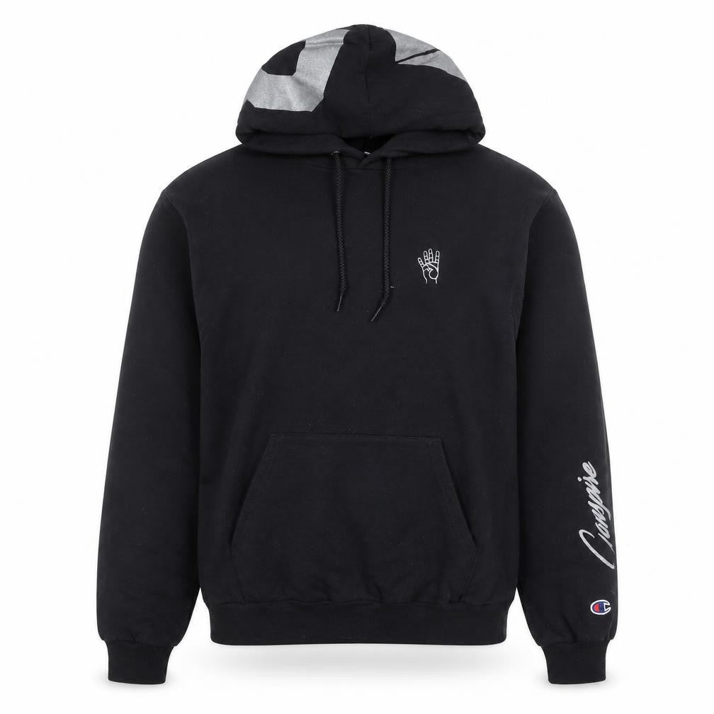 Front view of Champion Men's Black Pullover Hoodie Small Graphic Print Fleece