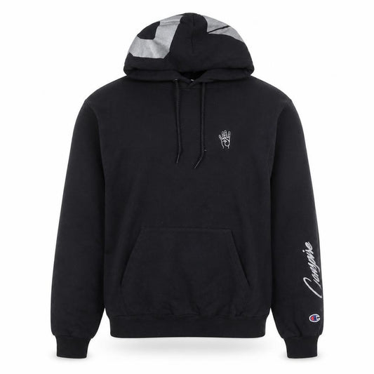 Front view of Champion Men's Black Pullover Hoodie Small Graphic Print Fleece