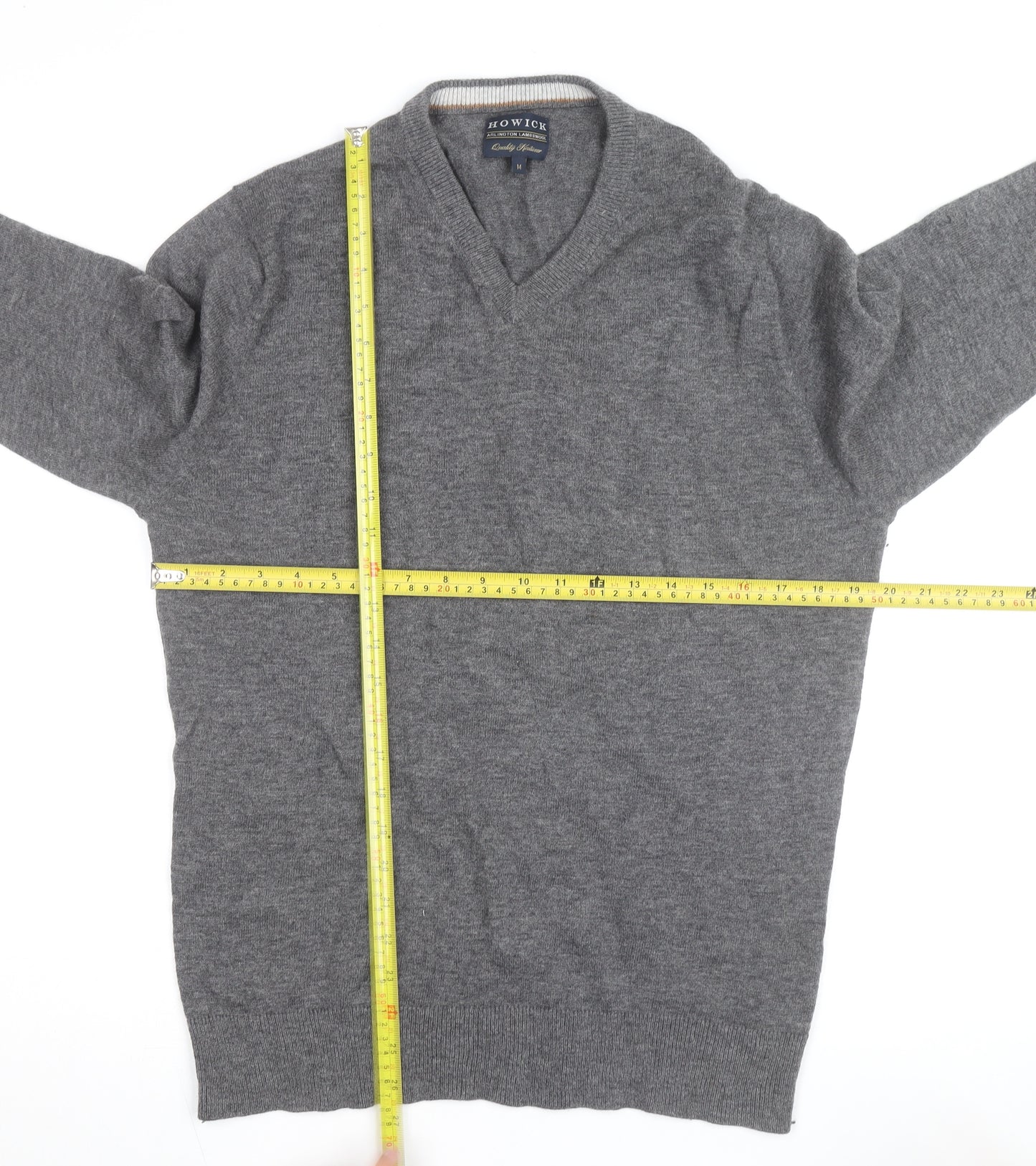 Howick Mens Grey Wool V-Neck Jumper Size M Lambswool Knitwear