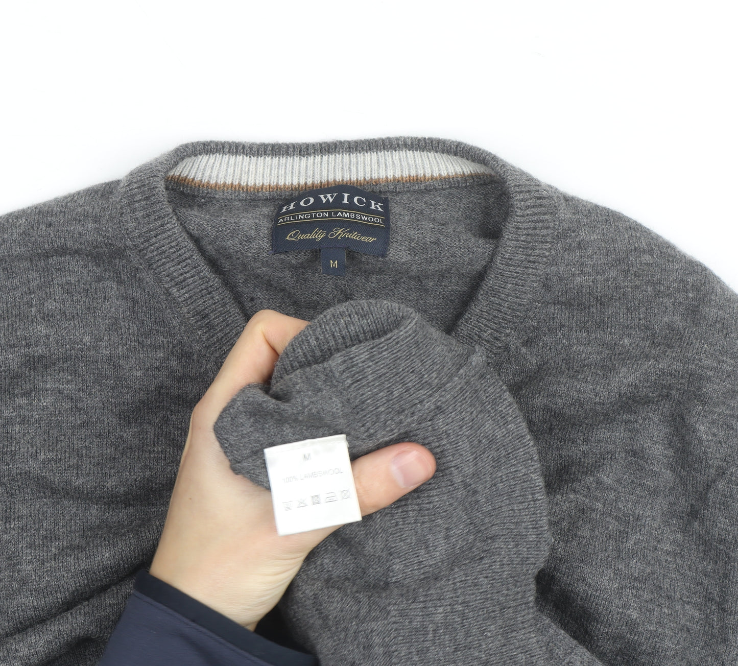 Howick Mens Grey Wool V-Neck Jumper Size M Lambswool Knitwear