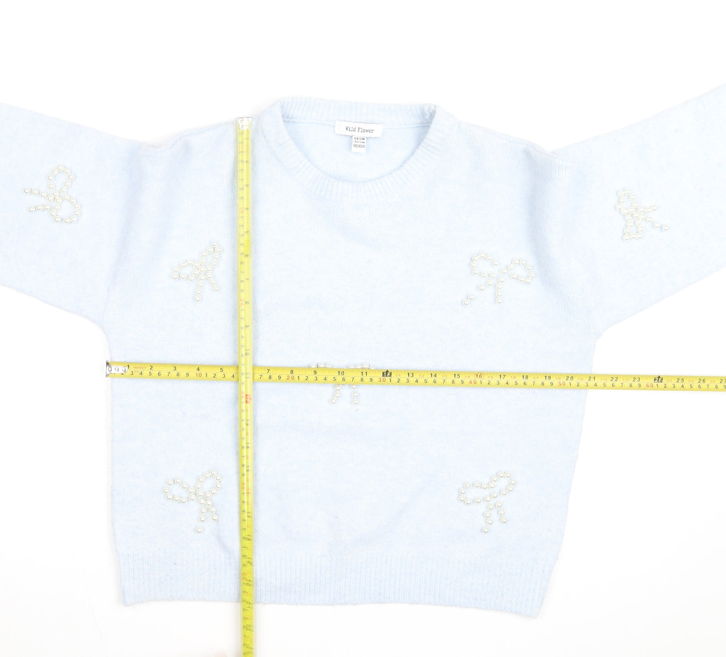 Wild Flower Women's Blue Beaded Bow Knit Pullover Jumper S/M