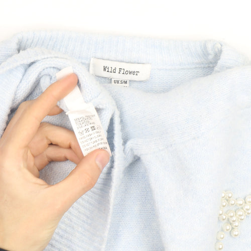 Wild Flower Women's Blue Beaded Bow Knit Pullover Jumper S/M
