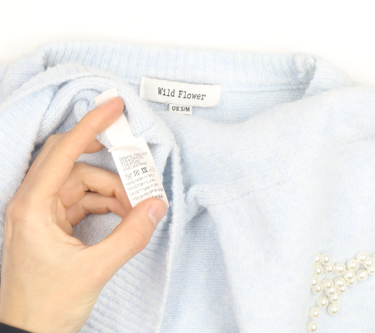 Wild Flower Women's Blue Beaded Bow Knit Pullover Jumper S/M