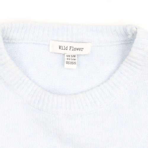 Wild Flower Women's Blue Beaded Bow Knit Pullover Jumper S/M