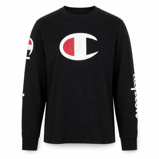 Front view of Champion Men's Black Long Sleeve Crew Neck Graphic T-Shirt, size S