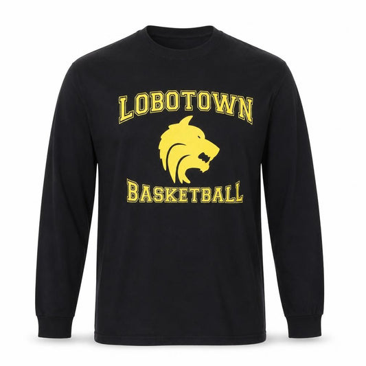 Front view of Hanes Men's Black Lobotown Basketball Long Sleeve Graphic T-Shirt L