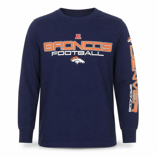Front view of NFL Team Apparel Men's Navy Denver Broncos Long Sleeve T-Shirt, size S