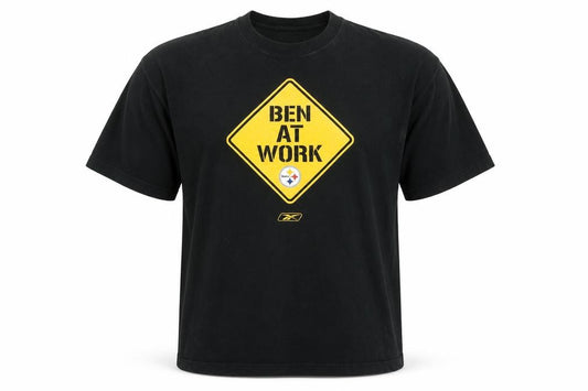 Front view of Reebok men’s black graphic 'ben at work' t-shirt, size L, vintage