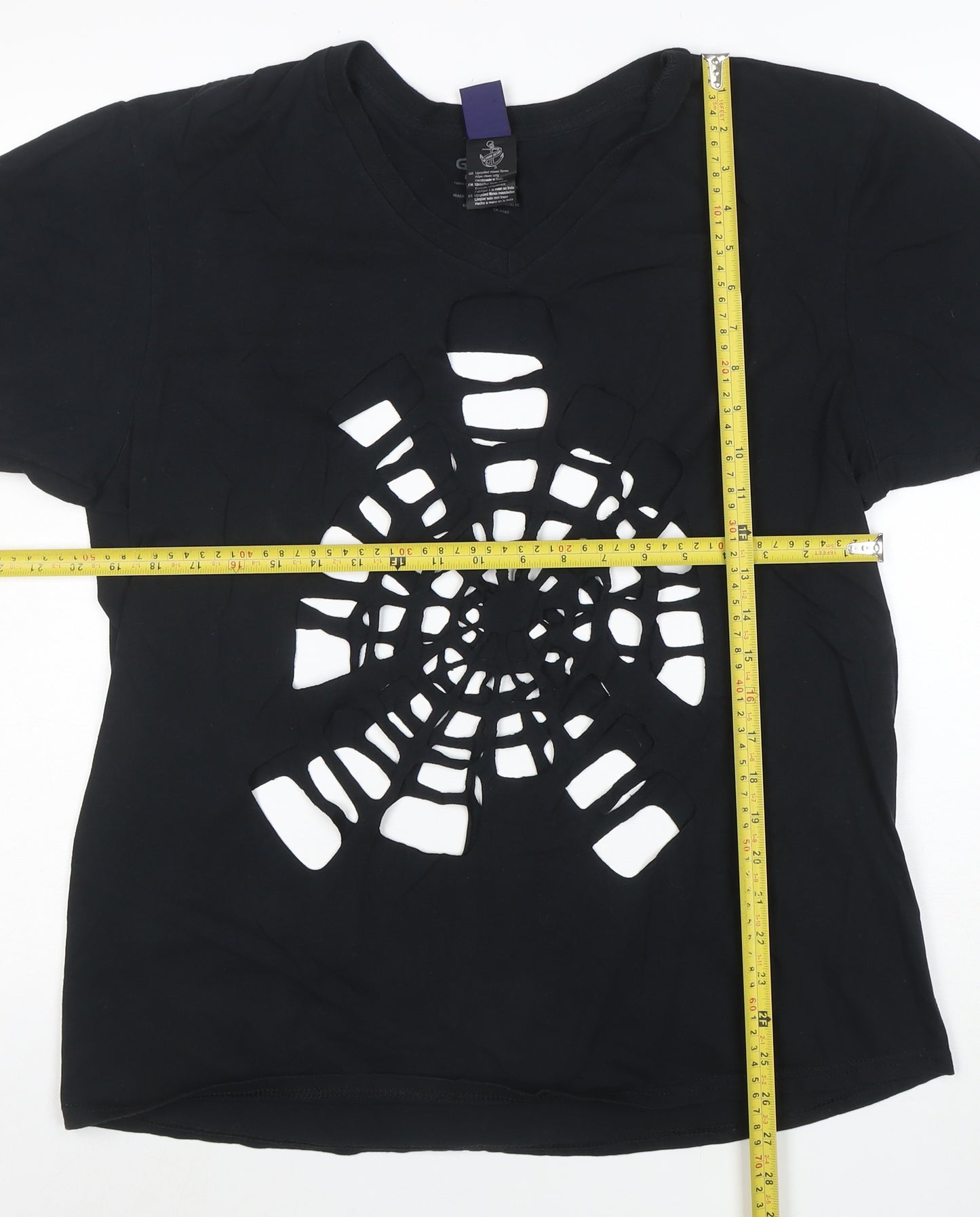 Gildan Men’s Black V-Neck Cut Out Gothic Style Cotton T-Shirt Size L