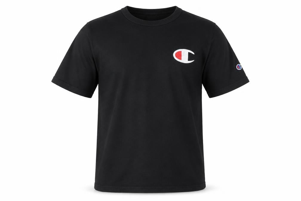 Front view of Champion Men Black Small Logo Cotton Crew Neck T-Shirt