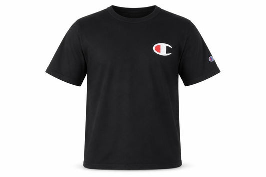 Front view of Champion Men Black Small Logo Cotton Crew Neck T-Shirt