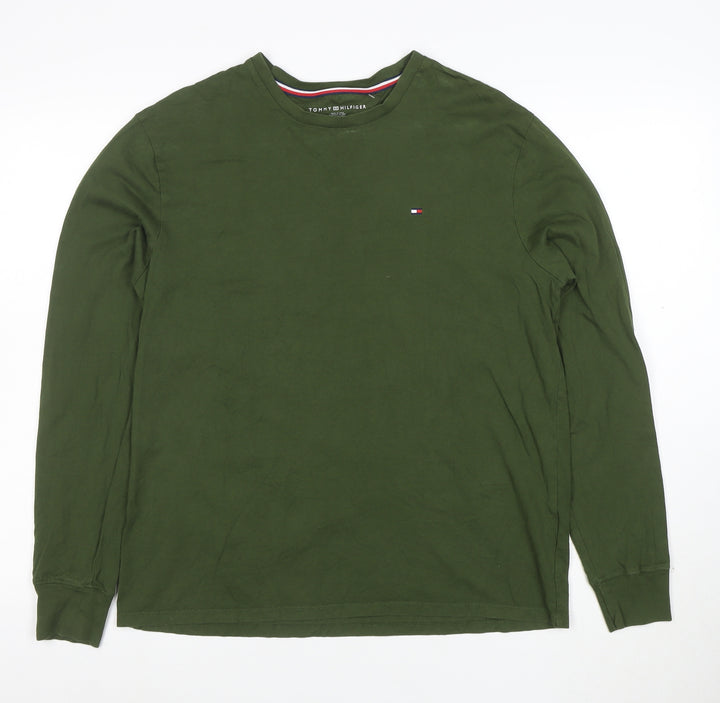 Tommy Hilfiger Men's Green Long Sleeve Crew Neck Cotton T-Shirt M