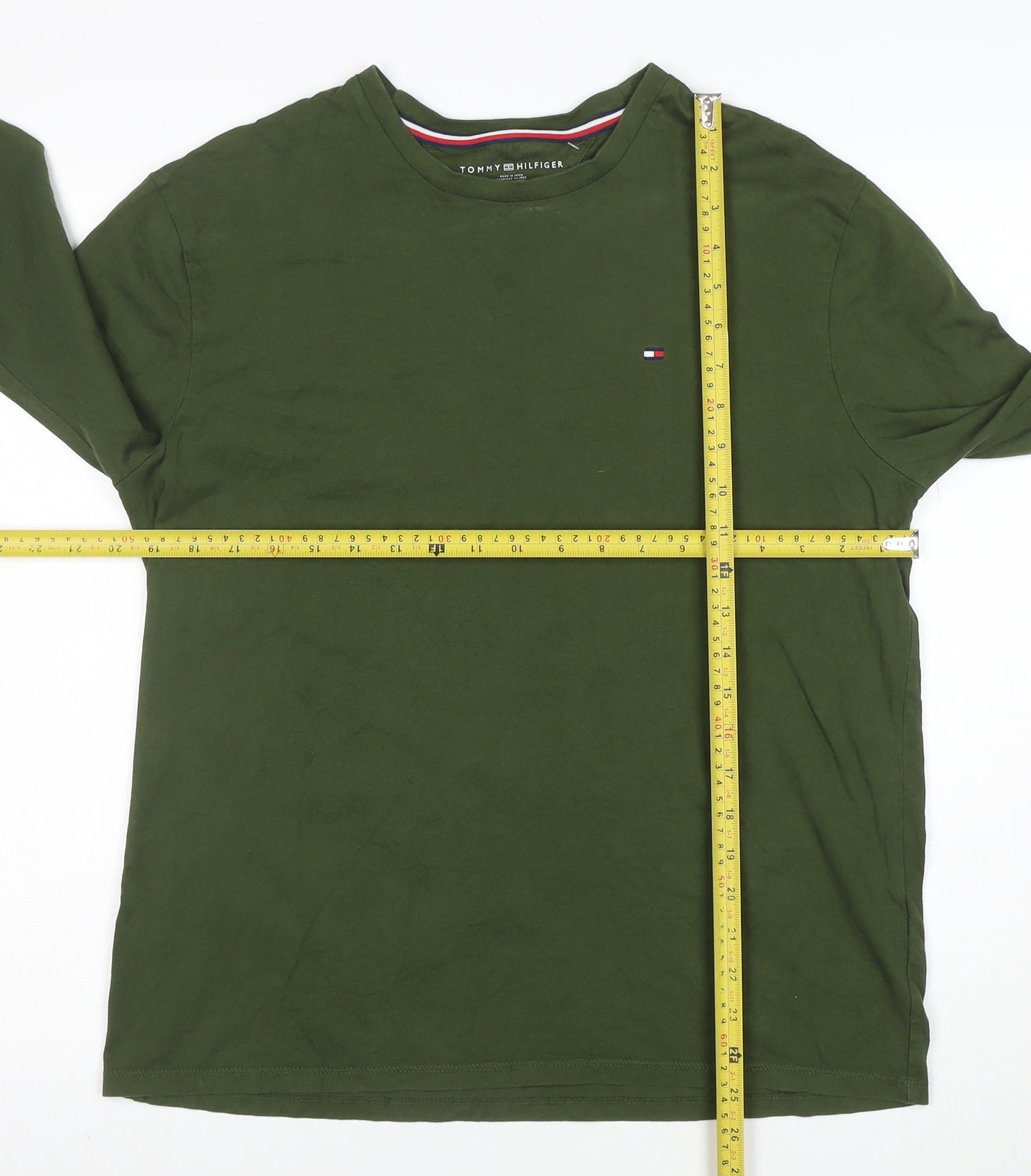 Tommy Hilfiger Men's Green Long Sleeve Crew Neck Cotton T-Shirt M