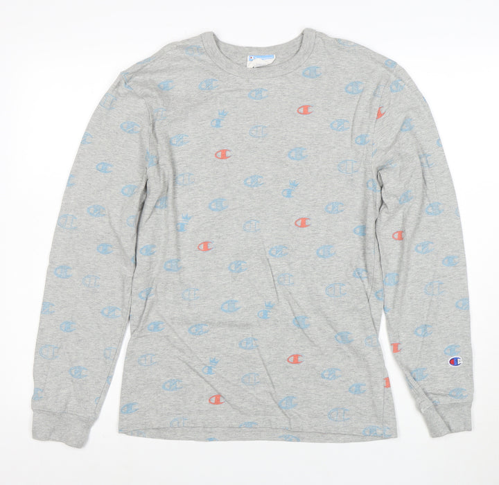 Champion Women's Grey Long Sleeve Cotton Logo T-Shirt Small