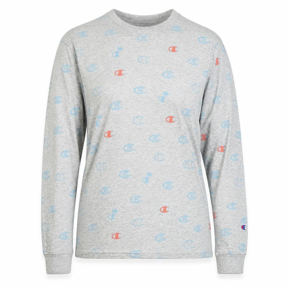 Champion Women's Grey Long Sleeve Cotton Logo T-Shirt Small