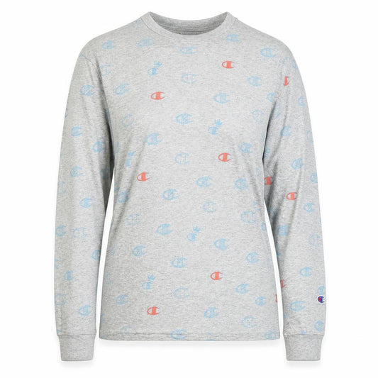 Front view of Champion Women's Grey Long Sleeve Cotton Logo T-Shirt Small