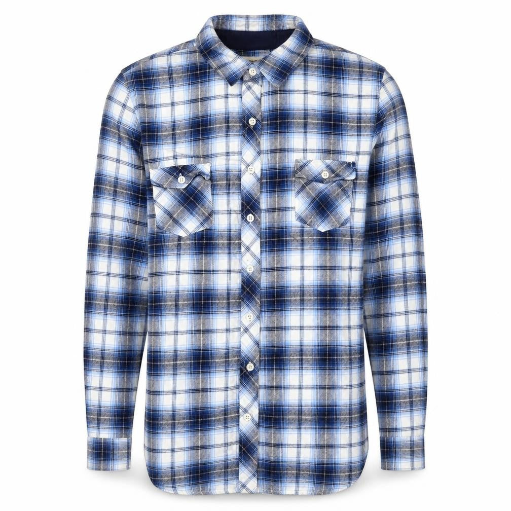 Front view of Weatherproof men’s blue check flannel long sleeve button-up shirt l