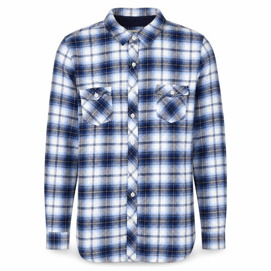Front view of Weatherproof men’s blue check flannel long sleeve button-up shirt l