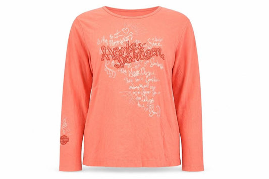 Front view of Harley-Davidson women’s orange xl long sleeve cotton t-shirt