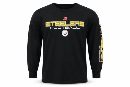Front view of NFL Team Apparel Men's Black XL Steelers Long Sleeve Football T-Shirt