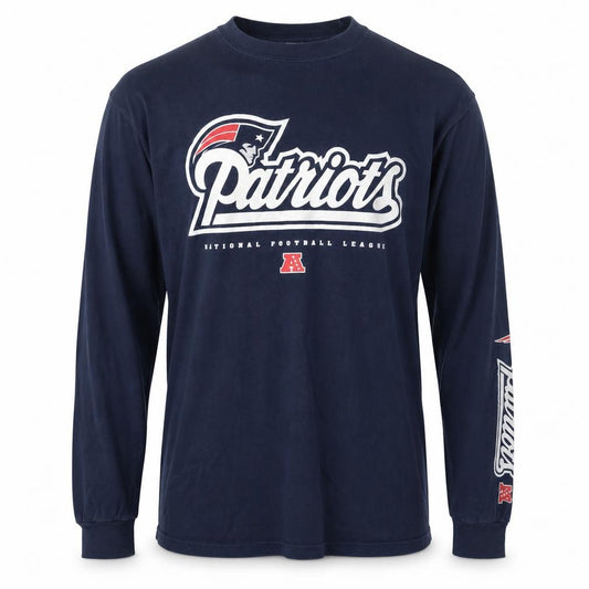 Front view of Team Apparel Men's Blue Patriots Long Sleeve Cotton T-Shirt, size M