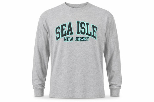 Front view of Talha USA Men’s Grey Long Sleeve Crew Neck SEA ISLE T-Shirt XL