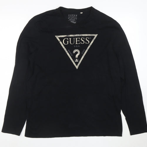 Guess Men's Black Long Sleeve Logo Cotton T-Shirt Medium