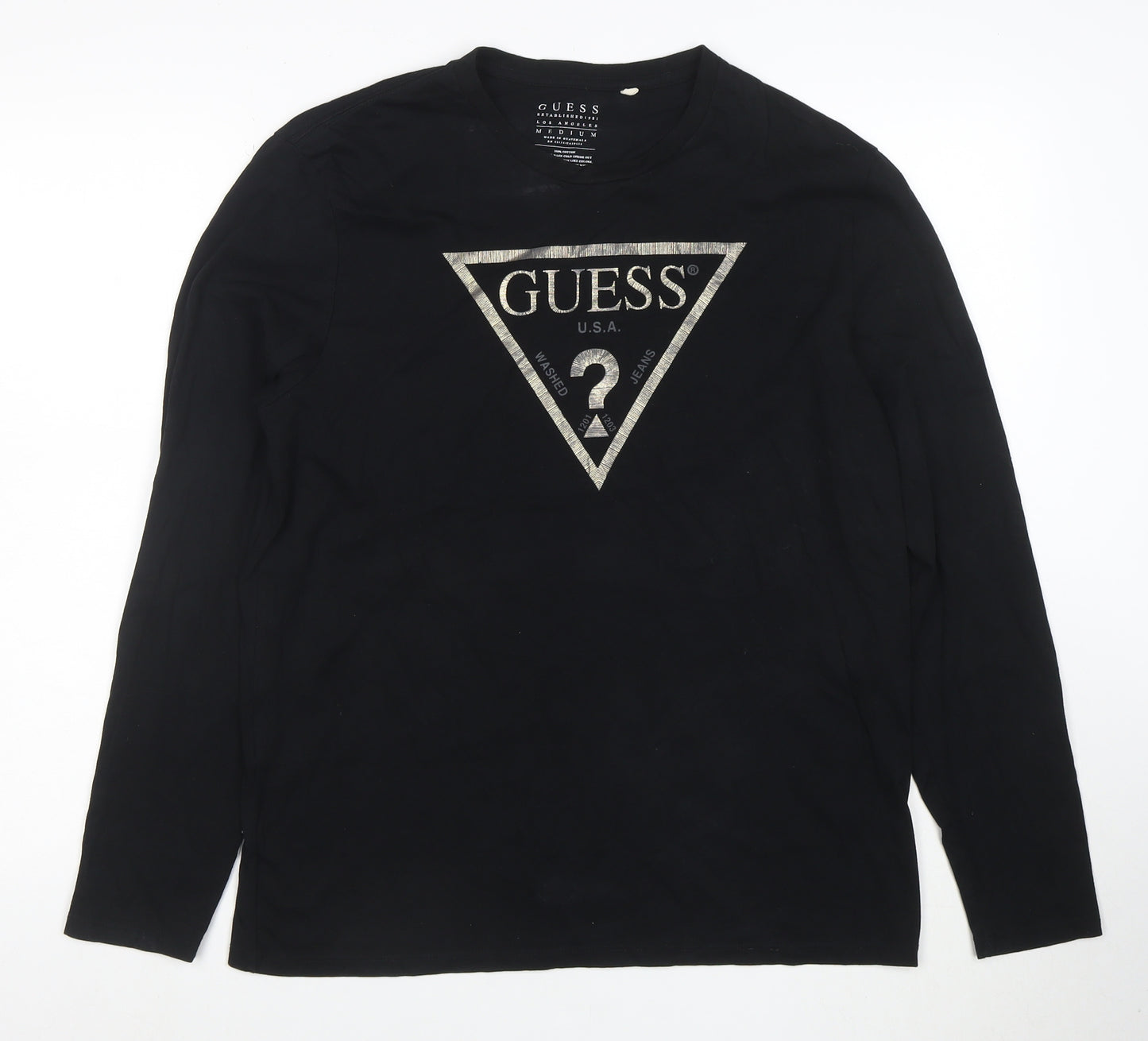 Guess Men's Black Long Sleeve Logo Cotton T-Shirt Medium