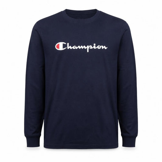 Front view of Champion Men's Blue Long Sleeve Crew Neck Sports T-Shirt M