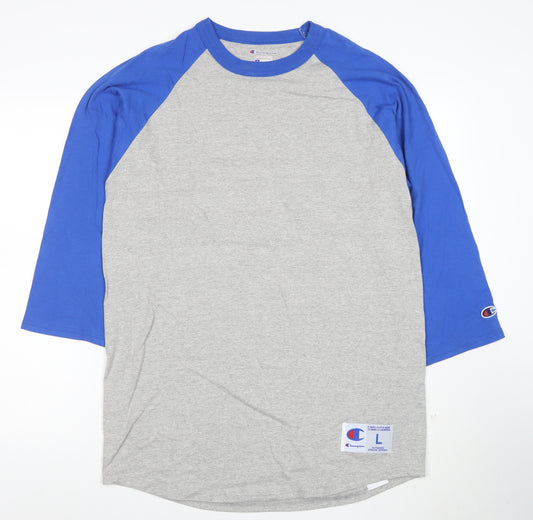 Champion Women Grey Blue Raglan 3/4 Sleeve Basic T-Shirt L