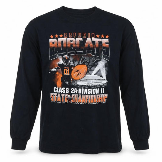 Front view of Gildan Men's Black Long Sleeve Refugio Bobcats Graphic T-Shirt, size L