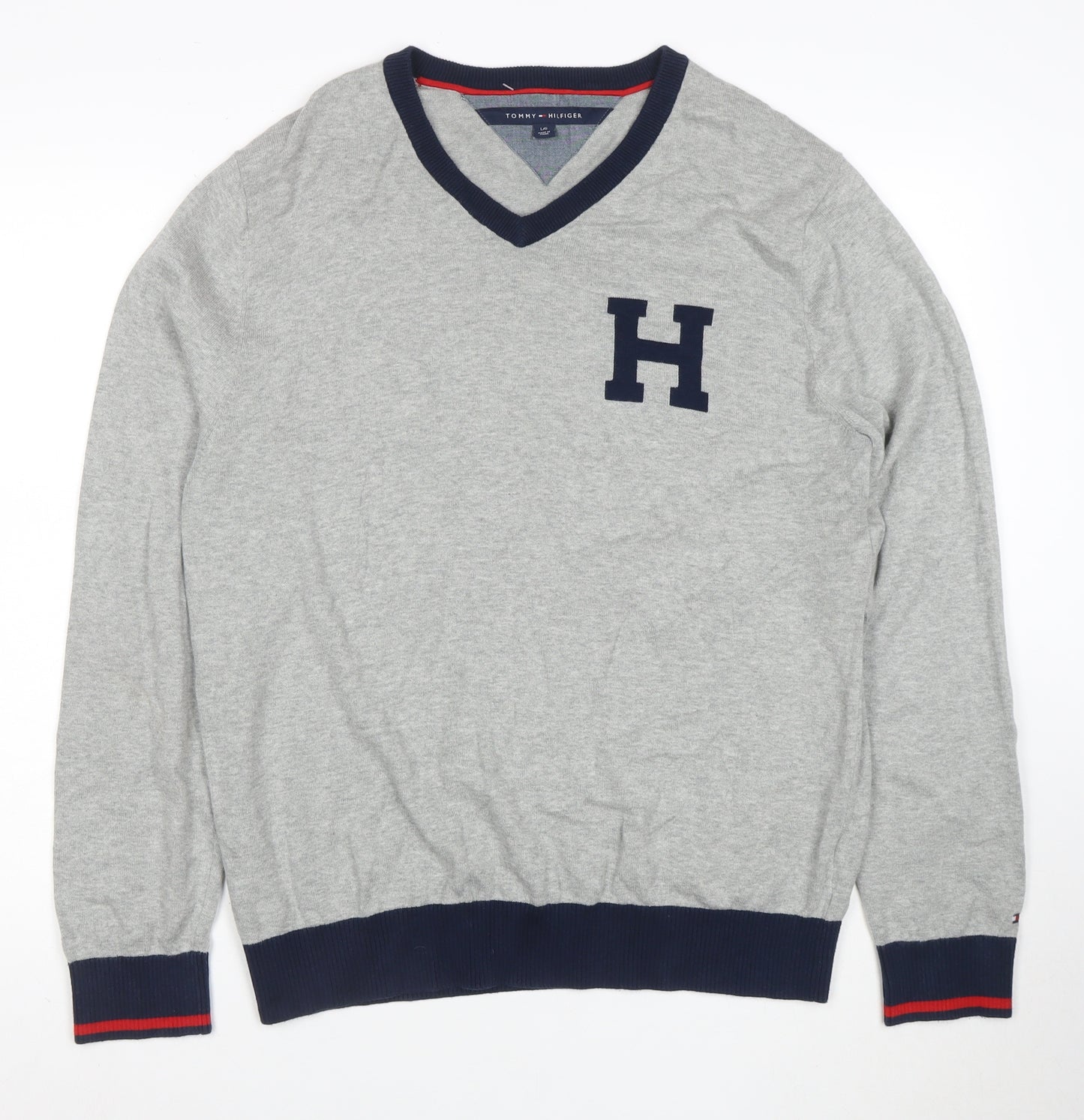 Tommy Hilfiger Men’s Grey V-Neck Cotton Jumper Size L