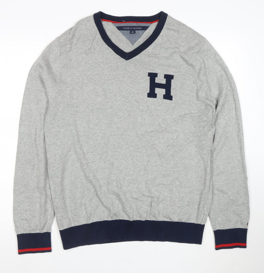 Tommy Hilfiger Men’s Grey V-Neck Cotton Jumper Size L