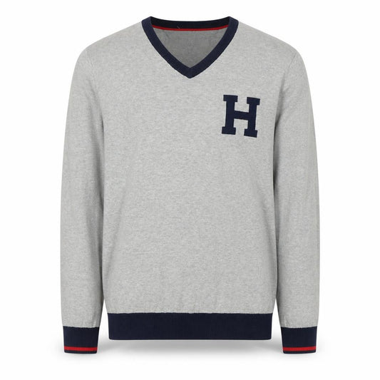 Front view of Tommy Hilfiger Men’s Grey V-Neck Cotton Jumper, size L