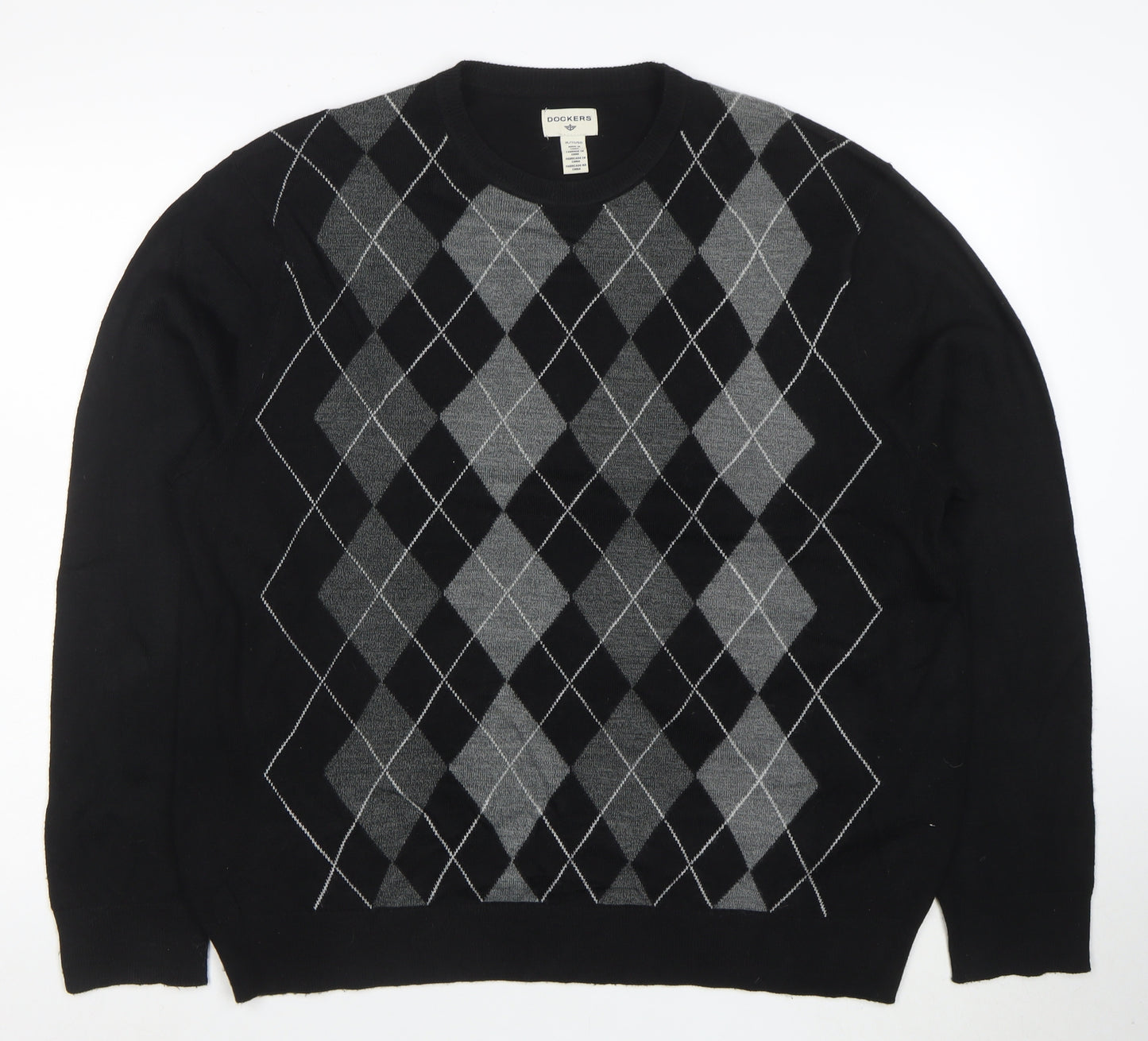 Dockers Men's Black Argyle Crew Neck Acrylic Jumper XL